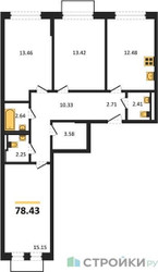 Планировка трехкомнатной(квартира) площадью 78.43 квадратных метров в ЖК “ЖК Рублевский Квартал”