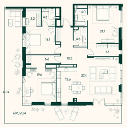 Планировка трехкомнатной(квартира) площадью 171.6 квадратных метров в ЖК “ЖК Клубный город на реке Primavera (Примавера)”