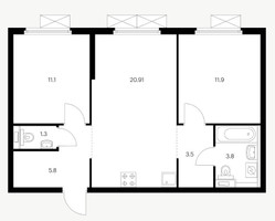 Планировка двухкомнатной(квартира) площадью 58.31 квадратных метров в “ЖК Первый Дубровский”