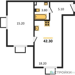 Планировка однокомнатной(квартира) площадью 42.3 квадратных метров в “ЖК ParkSide (Парксайд)”