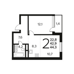 Планировка двухкомнатной(квартира) площадью 44.3 квадратных метров в ЖК “Новые Ватутинки. Заречный”