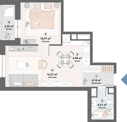 Планировка однокомнатной(квартира) площадью 44.9 квадратных метров в ЖК “ЖК Триумф (Пушкино)”