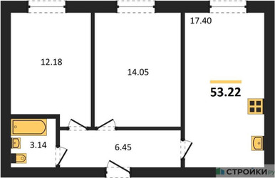 Планировка двухкомнатной(квартира) площадью 53.22 квадратных метров в “ЖК Парк Апрель”