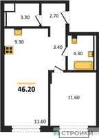 Планировка однокомнатной(апартаменты) площадью 46.2 квадратных метров в “ЖК Равновесие”