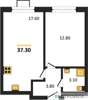 Планировка однокомнатной(квартира) площадью 37.3 квадратных метров в “ЖК Лучи-2”