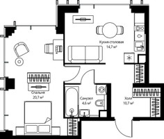 Планировка однокомнатной(квартира) площадью 50.7 квадратных метров в “ЖК Веер”