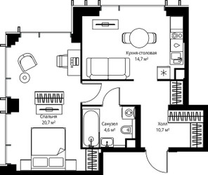 Планировка однокомнатной(квартира) площадью 50.7 квадратных метров в ЖК “ЖК Веер”
