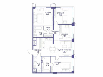 Планировка 4+ комнатной(квартира) площадью 113.42 квадратных метров в ЖК “ЖК Остров”