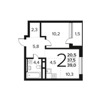 Планировка двухкомнатной(квартира) площадью 39 квадратных метров в “Новые Ватутинки. Заречный”