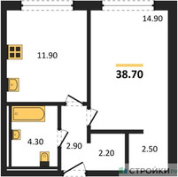 Планировка однокомнатной(квартира) площадью 38.7 квадратных метров в “ЖК Равновесие”