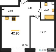 Планировка однокомнатной(квартира) площадью 42.9 квадратных метров в “ЖК Шагал”