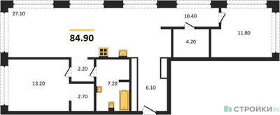 Планировка двухкомнатной(квартира) площадью 84.9 квадратных метров в ЖК “ЖК Дом А”
