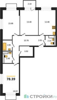 Планировка трехкомнатной(квартира) площадью 78.39 квадратных метров в “ЖК Томилино Парк”