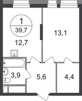 Планировка однокомнатной(квартира) площадью 39.7 квадратных метров в “ЖК Первый Московский”