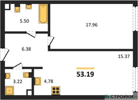Планировка однокомнатной(квартира) площадью 53.19 квадратных метров в “ЖК Солос”