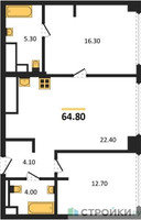 Планировка двухкомнатной(квартира) площадью 64.8 квадратных метров в “ЖК СТОУН Грэйн”