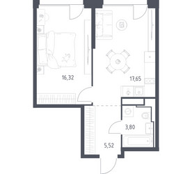 Планировка однокомнатной(квартира) площадью 43.29 квадратных метров в ЖК “ЖК Квартал на воде (Графика на воде)”