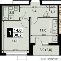 Планировка однокомнатной(квартира) площадью 38.2 квадратных метров в “ЖК ЮЖНАЯ БИТЦА”