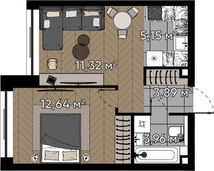 Планировка однокомнатной(квартира) площадью 37 квадратных метров в ЖК “ЖК Квартал Серебряный бор”