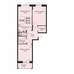Планировка трехкомнатной(апартаменты) площадью 67.3 квадратных метров в ЖК “ЖК Кашинцево”