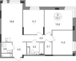 Планировка трехкомнатной(квартира) площадью 73.7 квадратных метров в “ЖК Первый Московский”