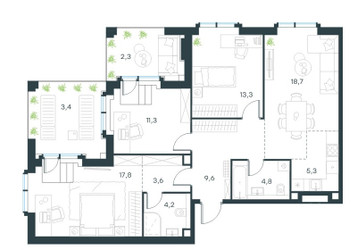 Планировка 4+ комнатной(квартира) площадью 94.3 квадратных метров в ЖК “ЖК Павелецкая Сити”