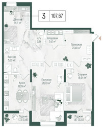 Планировка трехкомнатной(квартира) площадью 111.07 квадратных метров в ЖК “ЖК Рига Хиллс”