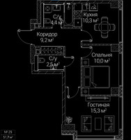 Планировка двухкомнатной(квартира) площадью 51.7 квадратных метров в “ЖК СЕЗАР БУДУЩЕЕ”