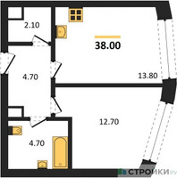 Планировка однокомнатной(квартира) площадью 38 квадратных метров в “ЖК Нагатино Ай-Лэнд”