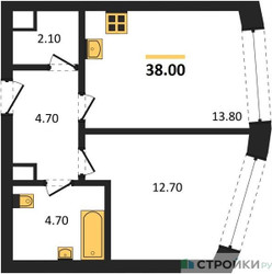 Планировка однокомнатной(квартира) площадью 38 квадратных метров в ЖК “ЖК Нагатино Ай-Лэнд”