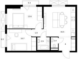 Планировка двухкомнатной(квартира) площадью 51.6 квадратных метров в “ЖК Яуза Парк (Мытищи)”