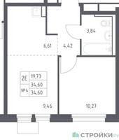 Планировка однокомнатной(квартира) площадью 34.6 квадратных метров в “ЖК Квартал Ивакино”