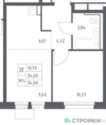 Планировка однокомнатной(квартира) площадью 34.6 квадратных метров в ЖК “ЖК Квартал Ивакино”