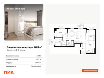 Планировка трехкомнатной(квартира) площадью 78.3 квадратных метров в ЖК “ЖК Никольские луга”