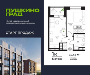 Планировка однокомнатной(квартира) площадью 35.42 квадратных метров в ЖК “ЖК Пушкино Град”