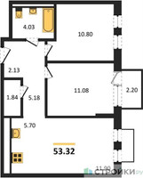 Планировка двухкомнатной(квартира) площадью 53.32 квадратных метров в “ЖК Рублевский Квартал”