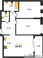 Планировка двухкомнатной(квартира) площадью 64.91 квадратных метров в “ЖК Дюна”