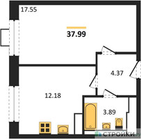 Планировка однокомнатной(квартира) площадью 37.99 квадратных метров в “ЖК Прибрежный Парк”