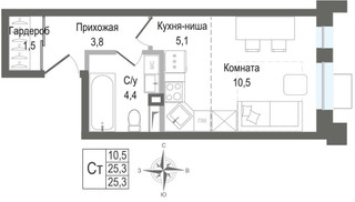 Планировка студии(квартира) площадью 25.3 квадратных метров в “ЖК КИНОКВАРТАЛ”