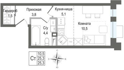 Планировка студии(квартира) площадью 25.3 квадратных метров в ЖК “ЖК КИНОКВАРТАЛ”