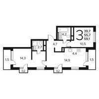 Планировка трехкомнатной(квартира) площадью 59.1 квадратных метров в “Новые Ватутинки. Заречный”