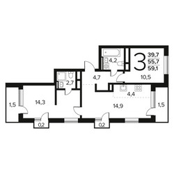 Планировка трехкомнатной(квартира) площадью 59.1 квадратных метров в ЖК “Новые Ватутинки. Заречный”
