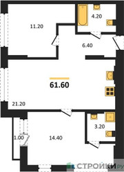 Планировка двухкомнатной(квартира) площадью 61.6 квадратных метров в ЖК “ЖК Первый квартал”