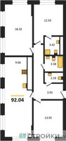 Планировка трехкомнатной(квартира) площадью 92.04 квадратных метров в “ЖК Дюна”
