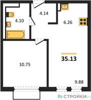 Планировка однокомнатной(квартира) площадью 35.13 квадратных метров в “ЖК Пригород Лесное”