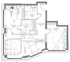 Планировка двухкомнатной(квартира) площадью 63 квадратных метров в “ЖК Dream Riva (Дрим Рива)”
