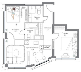 Планировка двухкомнатной(квартира) площадью 63 квадратных метров в ЖК “ЖК Dream Riva (Дрим Рива)”