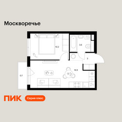 Планировка однокомнатной(квартира) площадью 34.4 квадратных метров в ЖК “ЖК Москворечье”