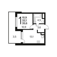 Планировка однокомнатной(квартира) площадью 35.6 квадратных метров в “Новые Ватутинки. Заречный”