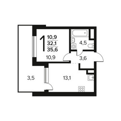 Планировка однокомнатной(квартира) площадью 35.6 квадратных метров в ЖК “Новые Ватутинки. Заречный”